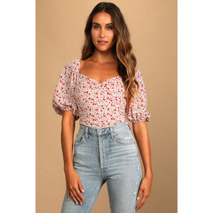 Lulu's White Floral Puff Sleeve Bodysuit with Pink Red Print